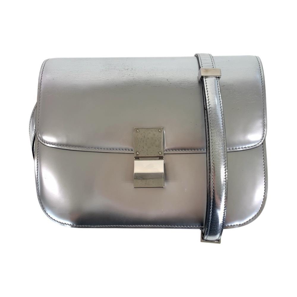 CELINE Classic Box Medium Silver Leather Shoulder Bag/Pouch for Women